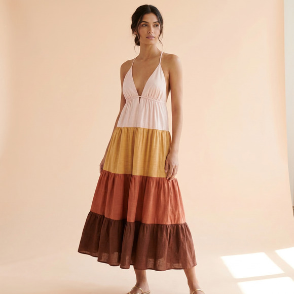 Anthropologie Dresses & Skirts - Anthropologie Women's Tiered Maxi Dress Boho Colorblock Halter Cottagecore M